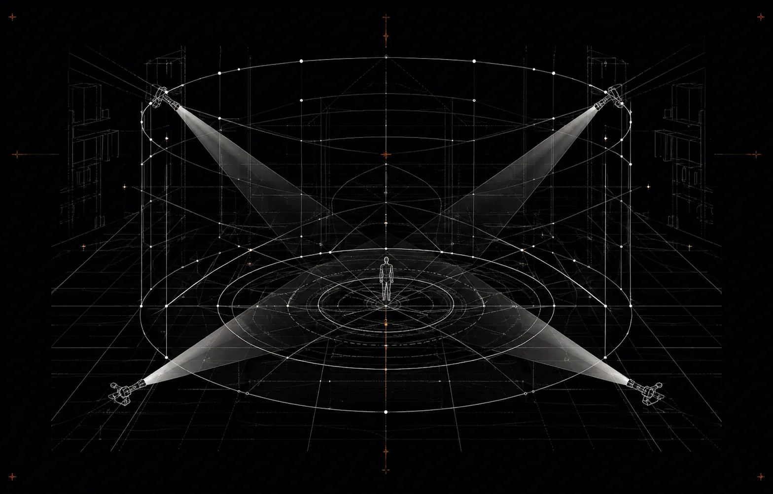 Abstract spatial-calibration drawing of a black-box theatre and four light paths