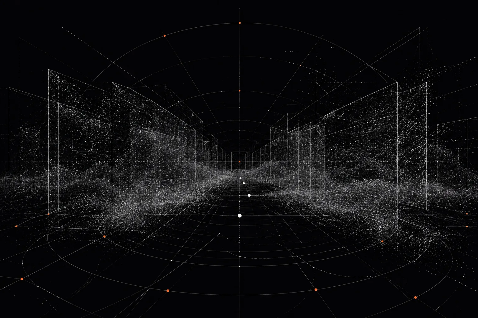 Abstract point-cloud corridor showing three tracked positions in a shared spatial volume